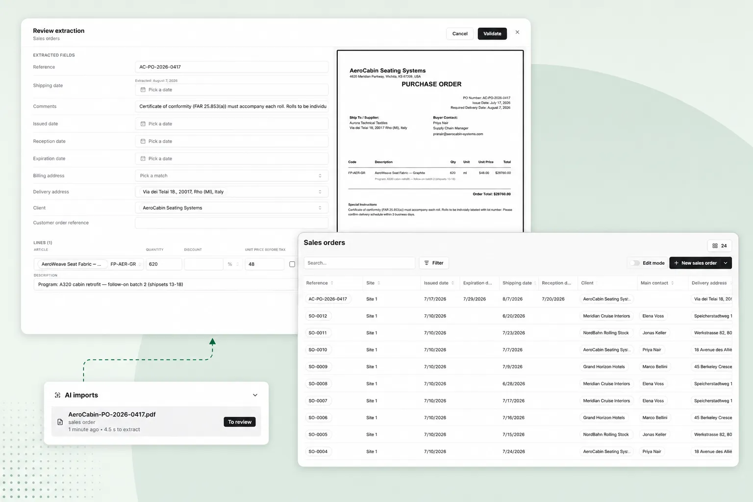 Bonx AI automatically extracts purchase order data, reviews fields, and creates sales orders in the manufacturing ERP.