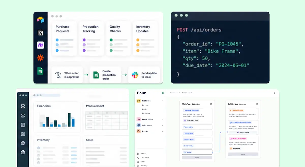 Collage aus No-Code-Automatisierungskarten, einem API-Code-Editor, Tabellen-Dashboards und der Bonx-Oberfläche – die Wege zu einem Fertigungs-ERP im Vergleich.