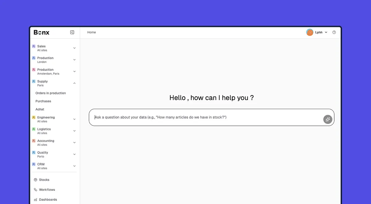 Bonx home screen with the module sidebar open and an AI assistant prompt inviting a question about the user's own data.