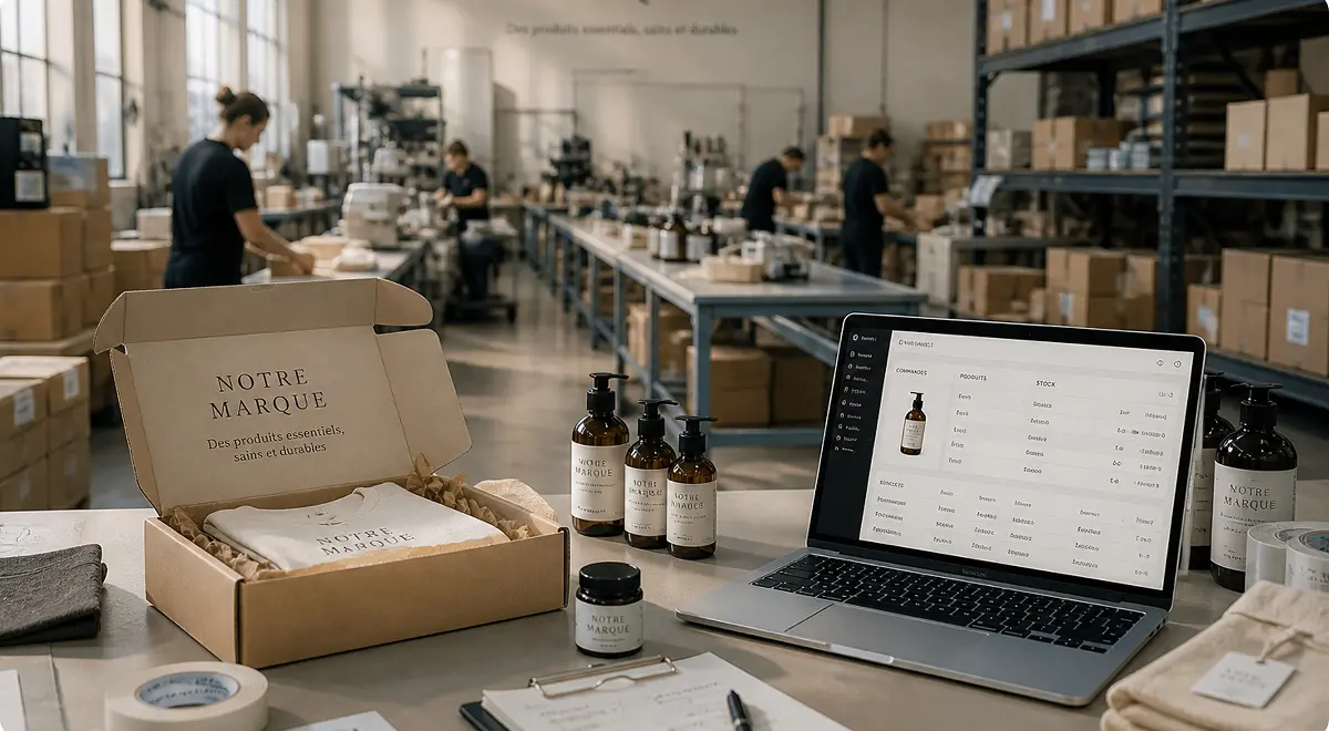 Eigenmarken-Kosmetik in einer gebrandeten Box neben einem Laptop mit Auftragsliste, in einem kleinen eigenen Produktions- und Versandbereich.