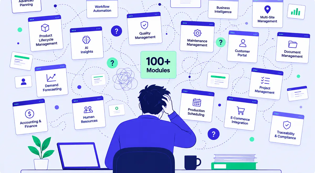 Illustration of an overwhelmed user at a laptop, surrounded by more than a hundred floating ERP module cards.