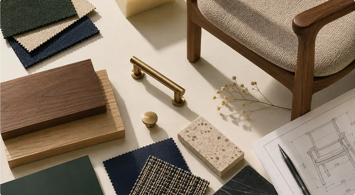 Échantillons de tissu, de bois et de pierre disposés avec des poignées en laiton, un fauteuil tapissé et un croquis de meuble, illustrant les options derrière une commande sur mesure.
