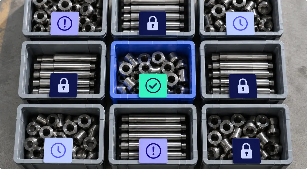 Parts bins on a shelf overlaid with status icons for locked, ageing, flagged and cleared stock.