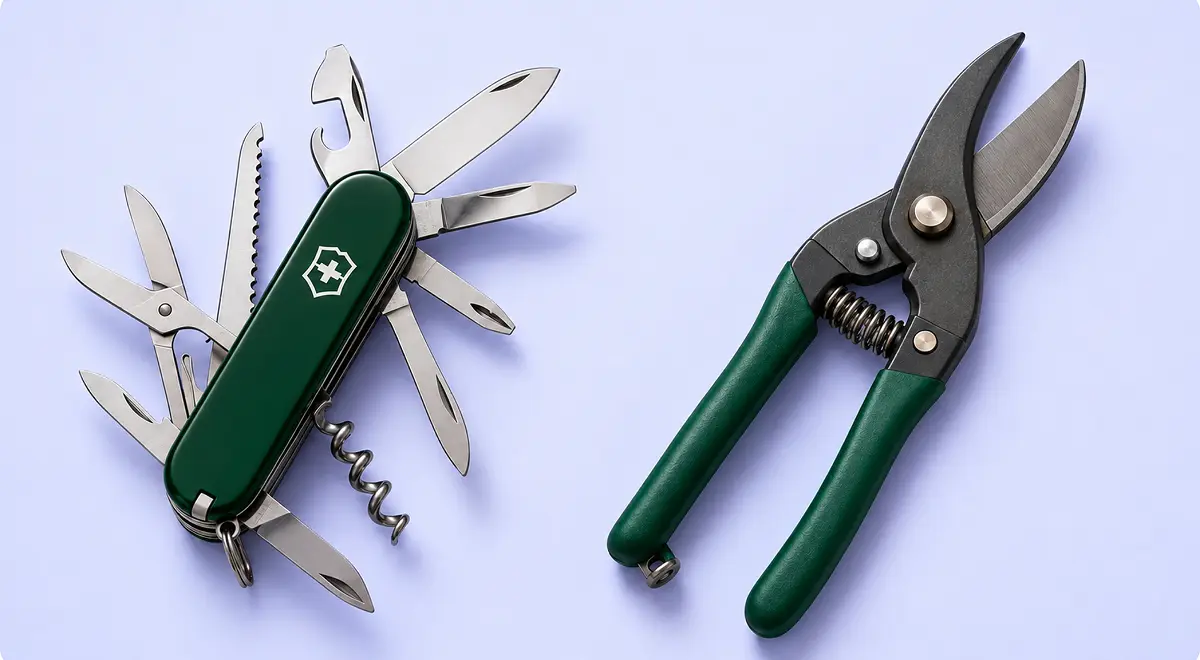 Swiss army knife beside a pair of dedicated pruning shears, illustrating breadth of features against depth in one job.