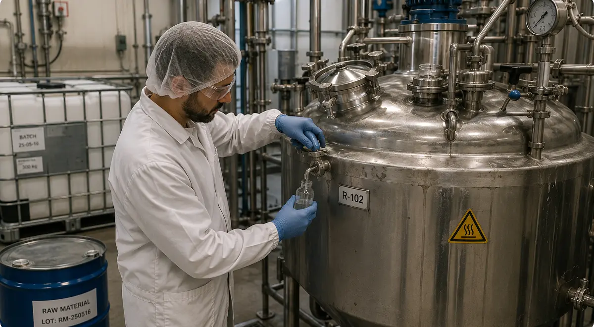 Technicien en charlotte prélevant un échantillon sur un réacteur inox, fût de matière première étiqueté par lot au premier plan.
