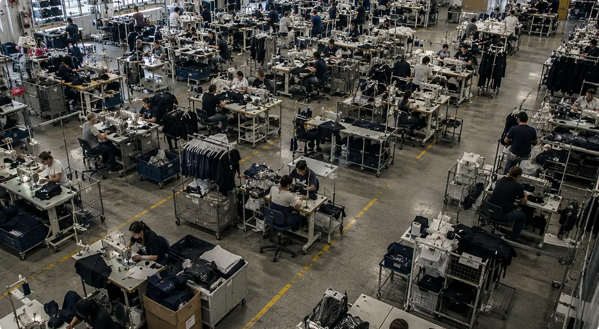 Blick von oben auf eine große Bekleidungsfertigung mit Reihen von Nähplätzen und Wagen für die Ware in Arbeit dazwischen.