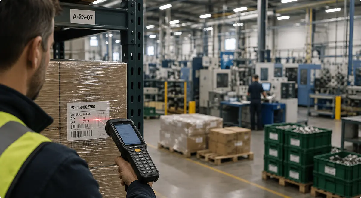 Worker scanning a purchase order label on a shelved pallet, with the production area visible further down the warehouse.