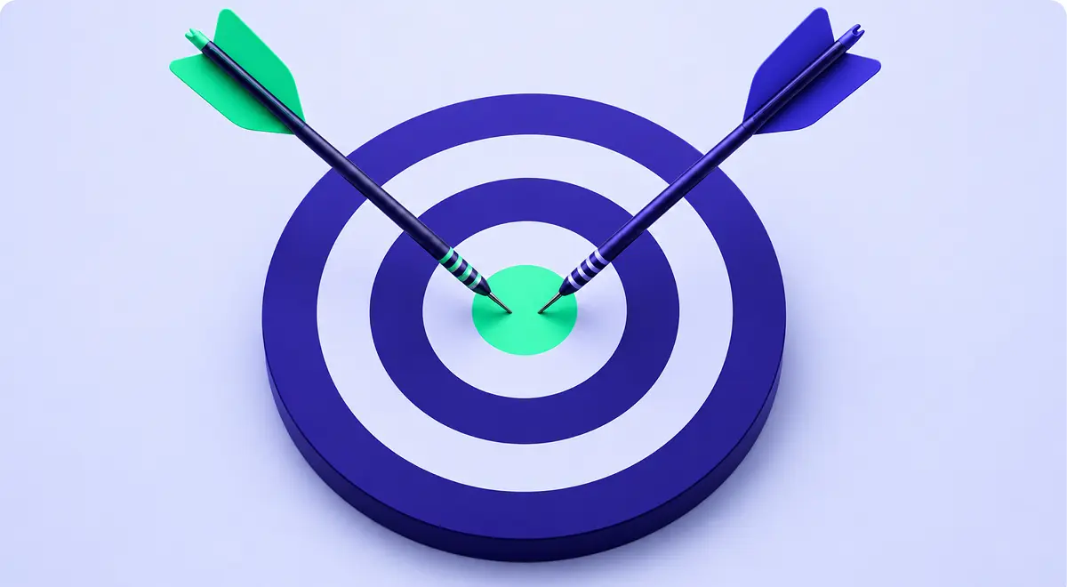 Two arrows in the centre of a purple and green dartboard, standing for deliveries that arrive both on time and in full.