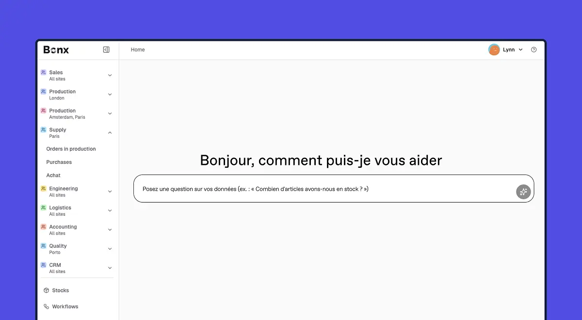 Écran d'accueil Bonx avec la barre latérale de modules ouverte et une invite de l'assistant IA proposant de poser une question sur ses propres données.
