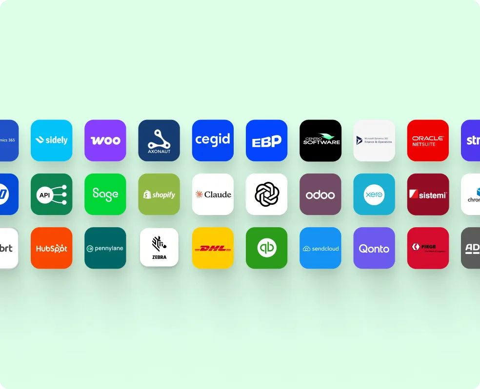 Grid of integration logos including Shopify, Xero, HubSpot, Claude, and Sage.