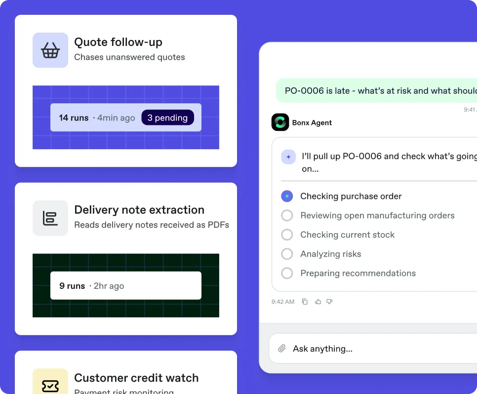 Bonx Agent cards for quote follow up and delivery note extraction beside a chat window.