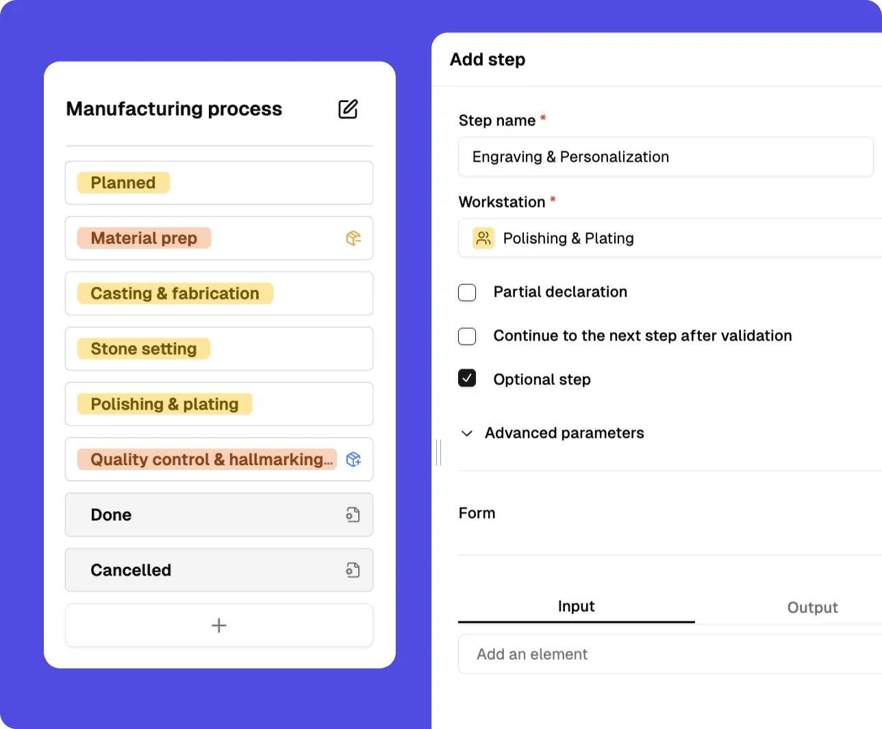 Screenshot of a jewelry manufacturing process workflow with an add step form open.