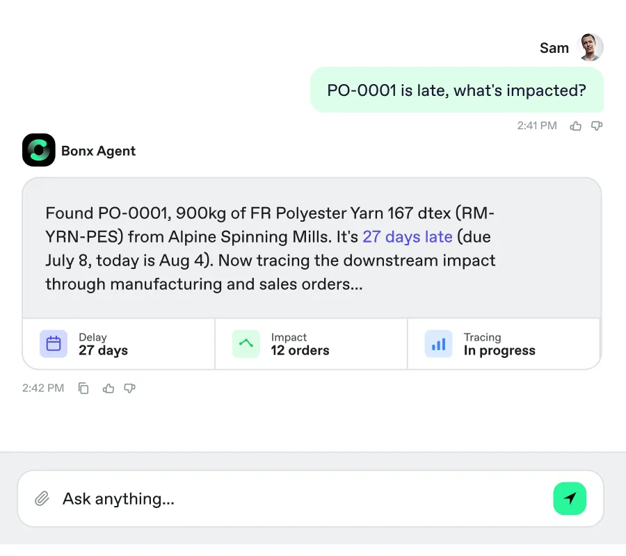 Chat screenshot of Bonx Agent tracing a late purchase order's impact on 12 orders.