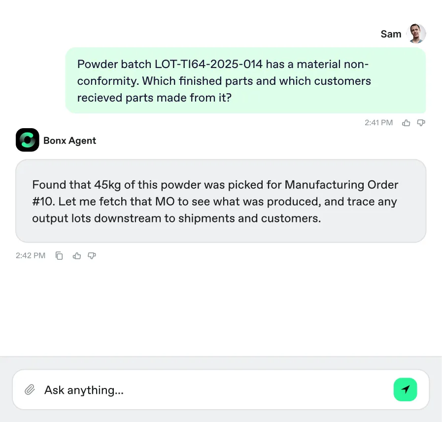 Chat screenshot of Bonx Agent tracing a powder batch non conformity to a manufacturing order.
