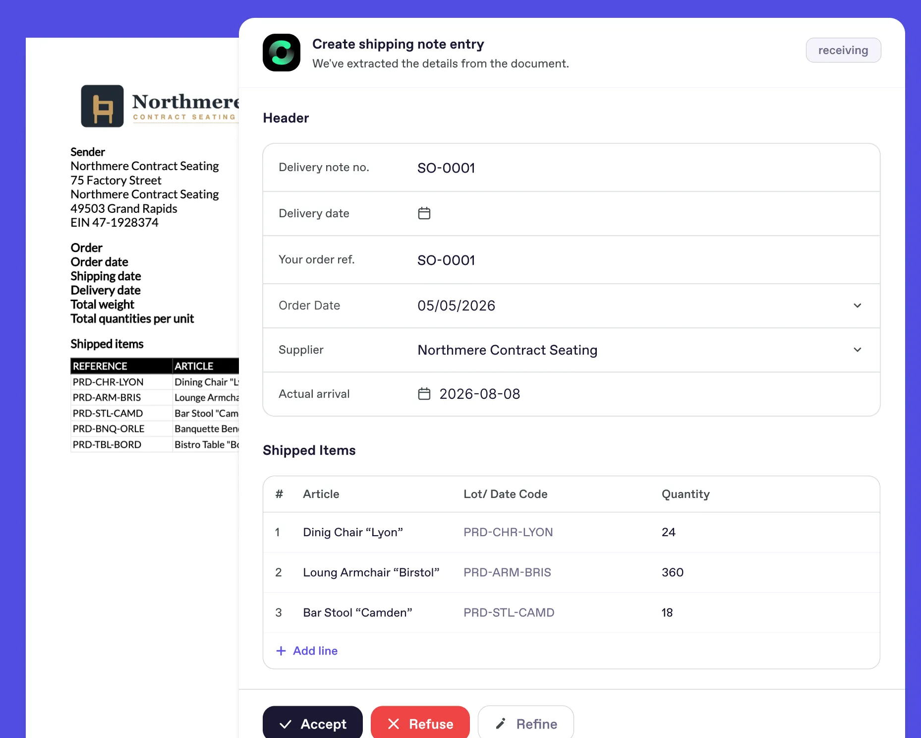 Screenshot of a shipping note entry form with extracted furniture order details.