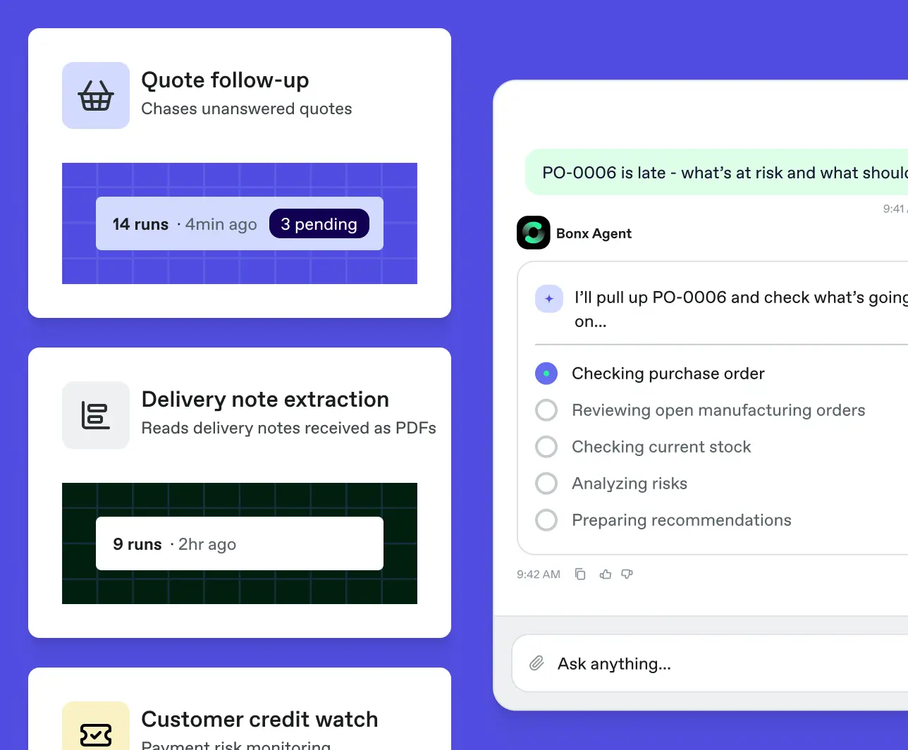 Bonx Agent cards for quote follow up and delivery note extraction beside a chat window.