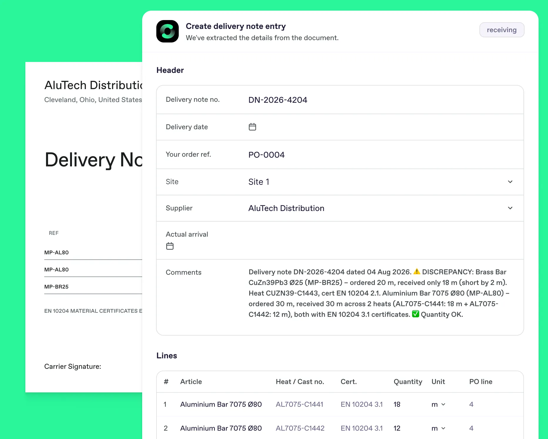 Screenshot of a delivery note entry form with extracted details and a quantity discrepancy flag.