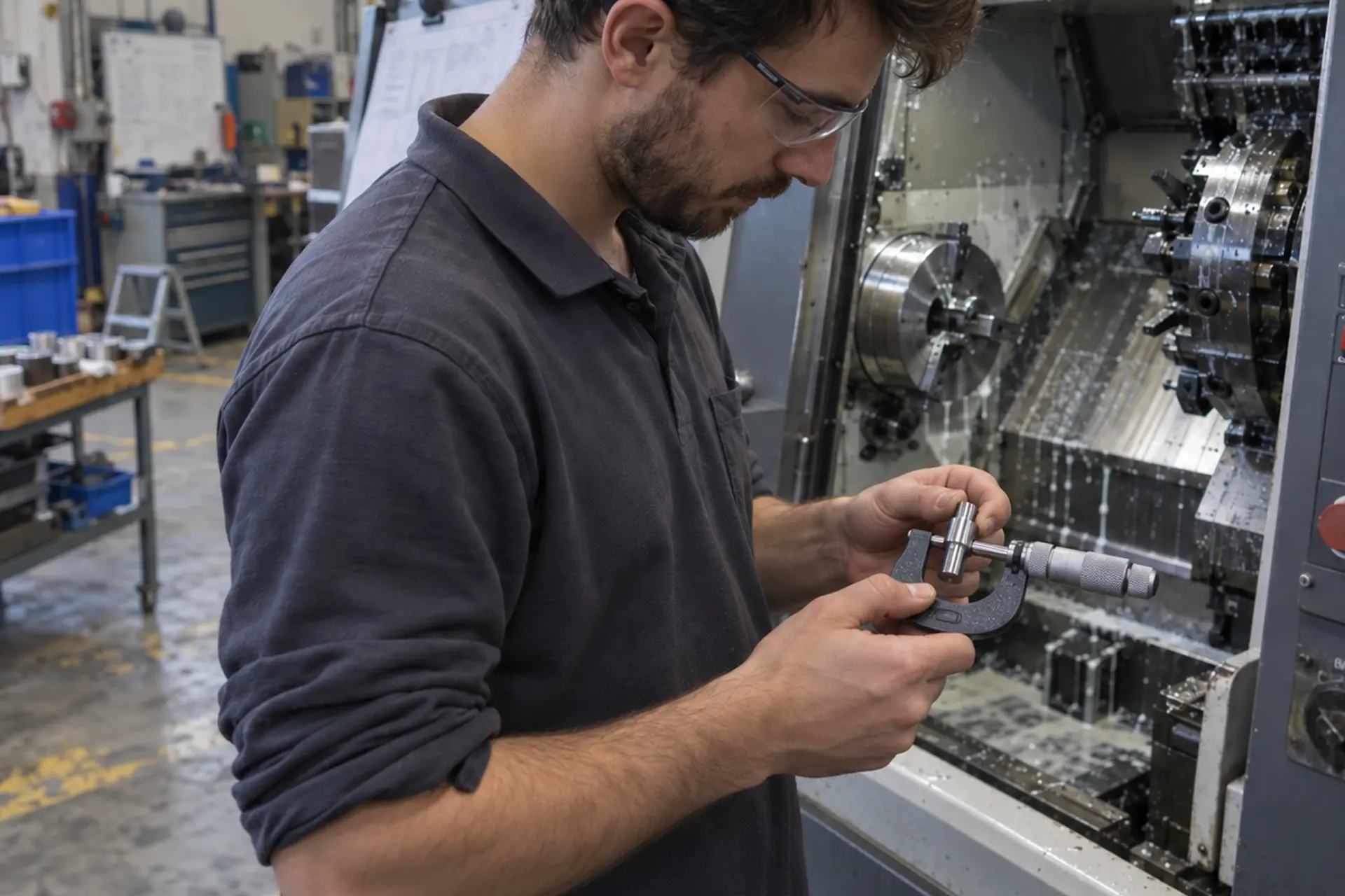 Machinist measuring a metal part with a micrometer beside a CNC machine.
