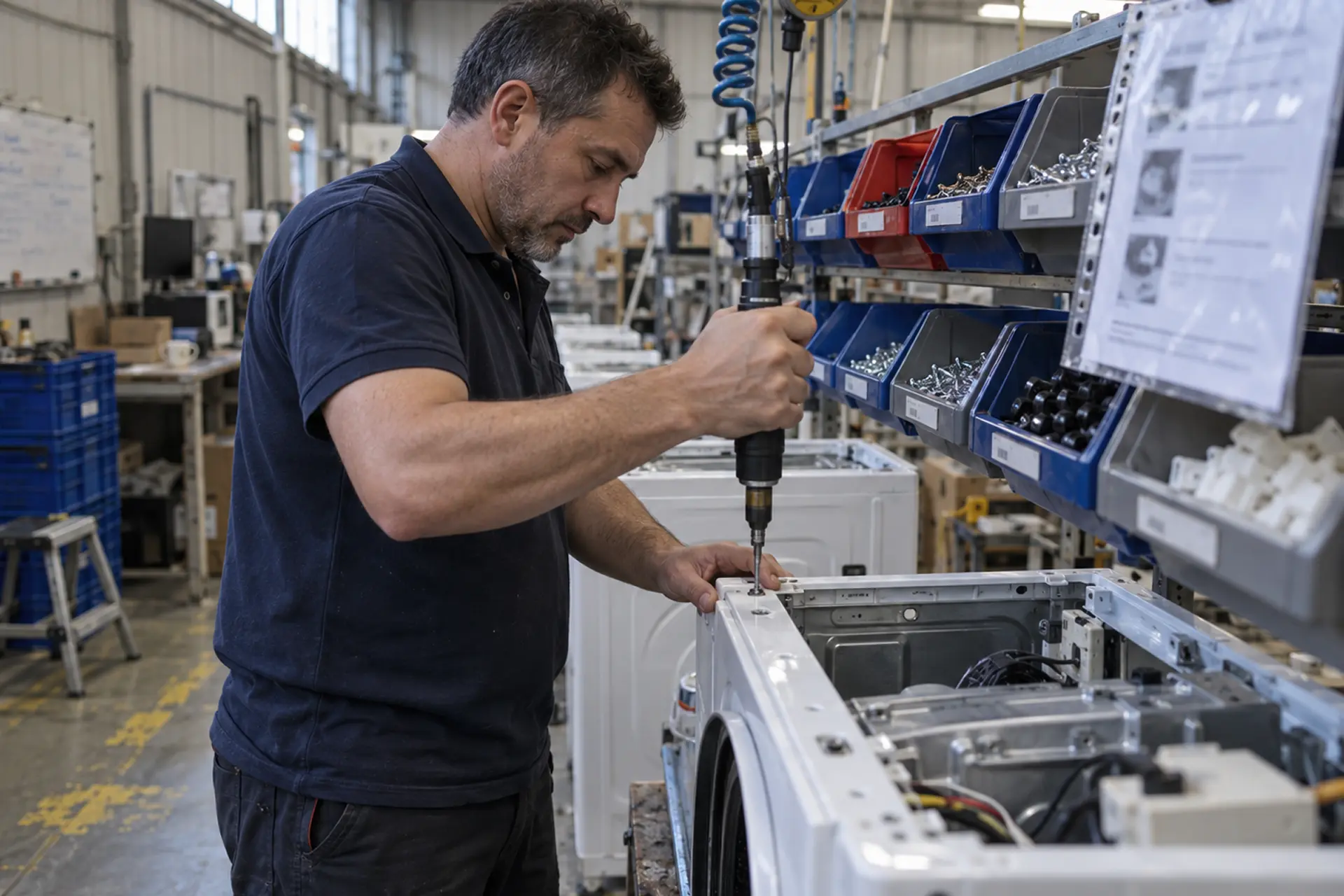 Technicien assemblant un lave-linge sur la ligne de production avec une visseuse.