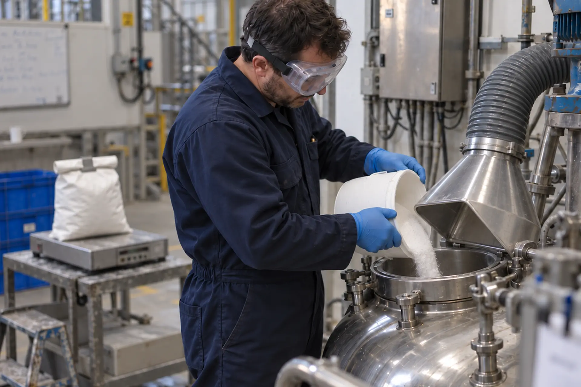 Operator in goggles and gloves pouring powder into a stainless steel mixing vessel.