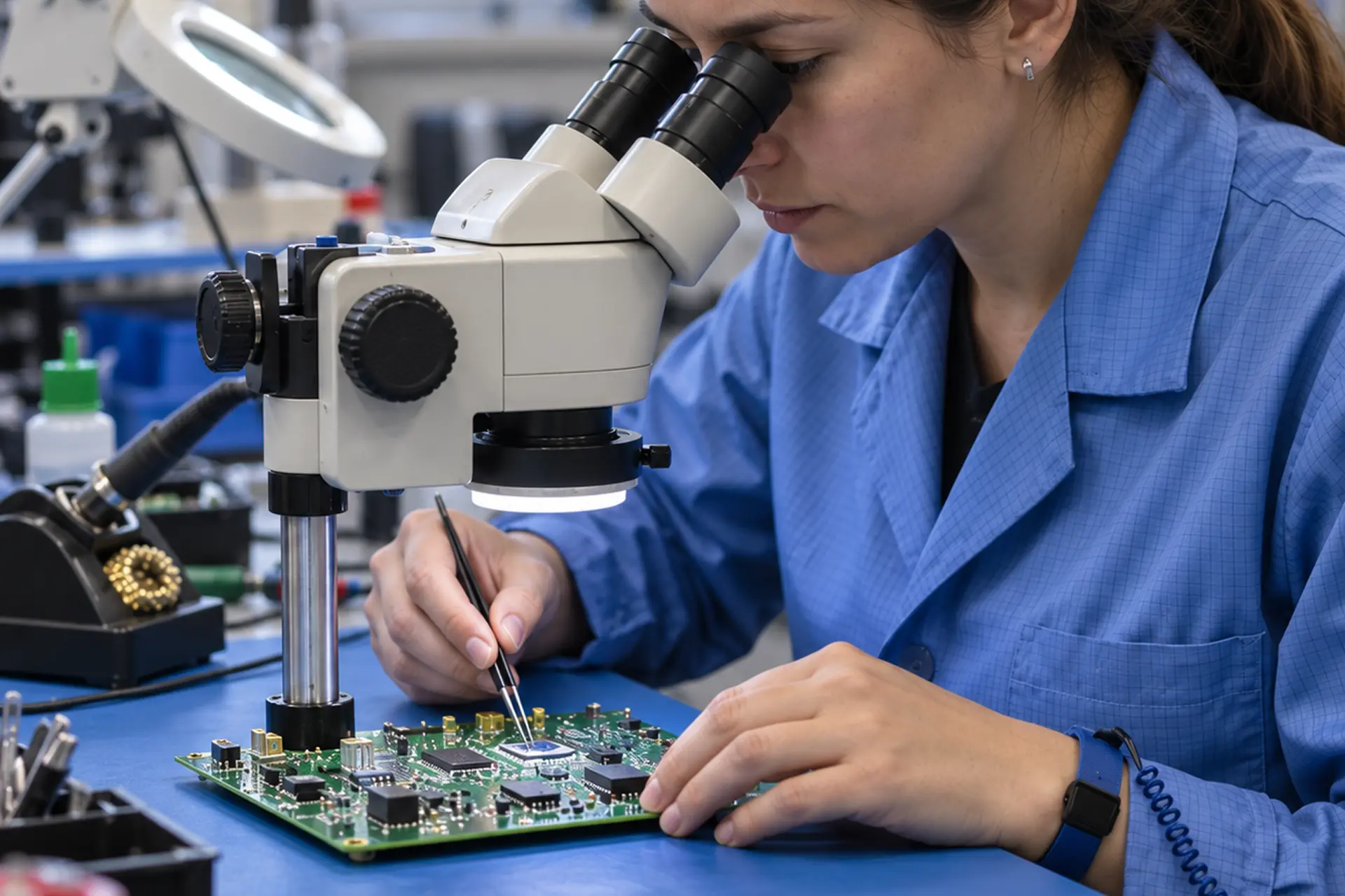 Tecnica che ispeziona una scheda elettronica al microscopio stereoscopico.