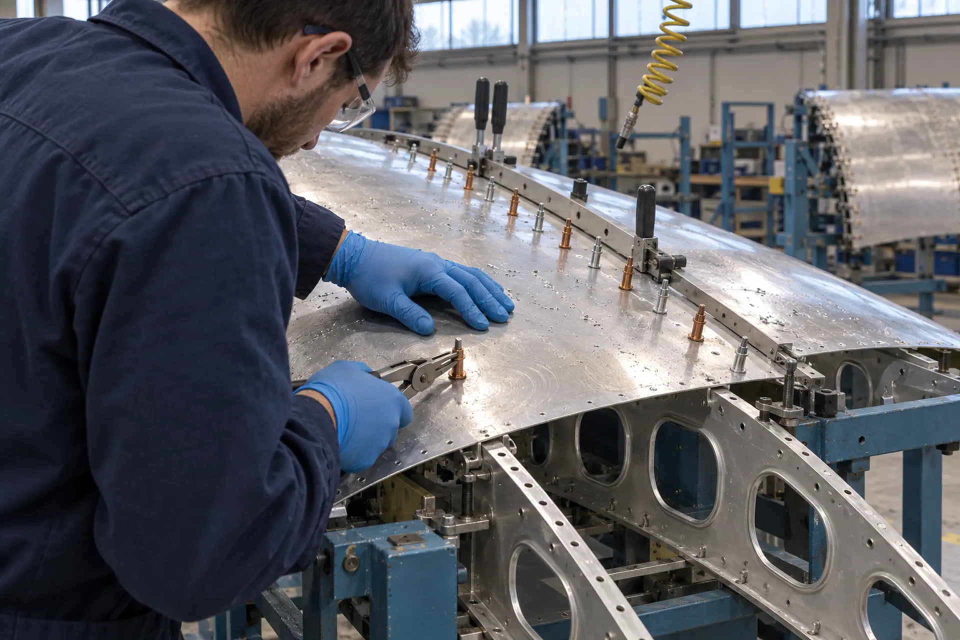 Worker in gloves fitting fasteners along a curved aluminium aircraft panel.