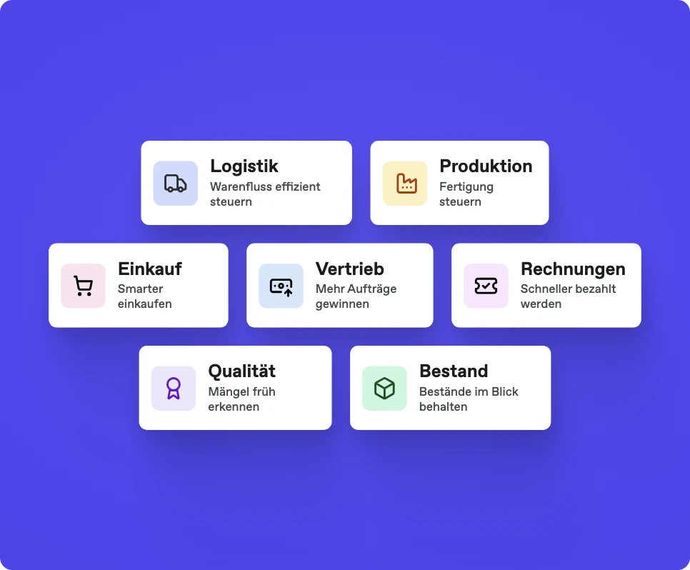Die sieben Bonx-Module: Logistik, Produktion, Einkauf, Vertrieb, Rechnungen, Qualität und Bestand.