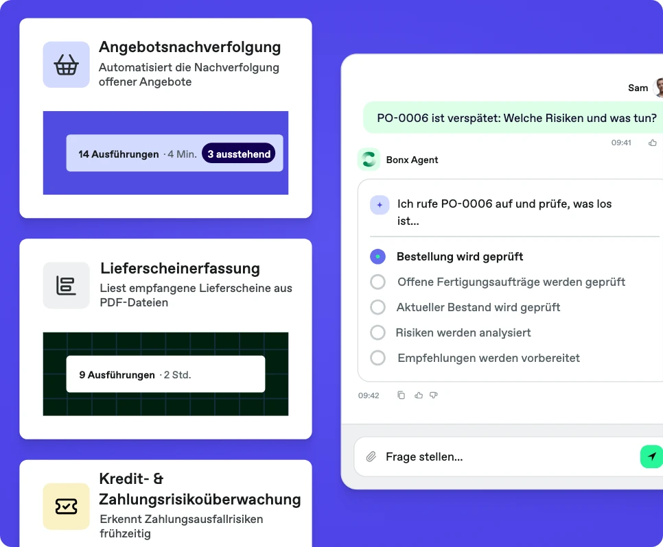 Drei Bonx-Agenten (Angebotsnachfassung, Lieferscheinerfassung und Kundenlimit-Überwachung) neben einer Konversation, in der Bonx Agent eine verspätete Bestellung Schritt für Schritt prüft.