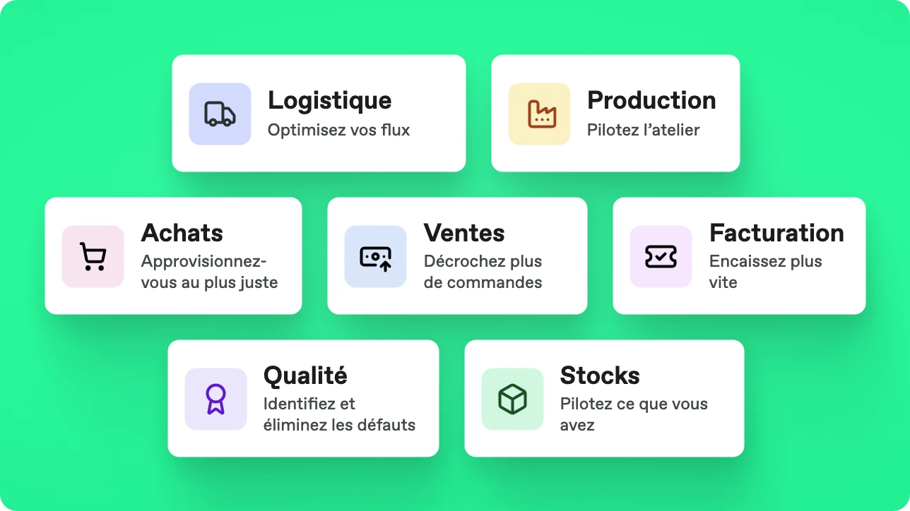 es sept modules Bonx : Logistique, Production, Achats, Ventes, Facturation, Qualité et Stocks.