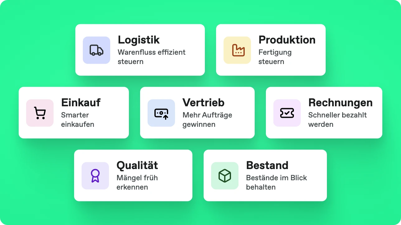 Die sieben Bonx-Module: Logistik, Produktion, Einkauf, Vertrieb, Rechnungen, Qualität und Bestand.