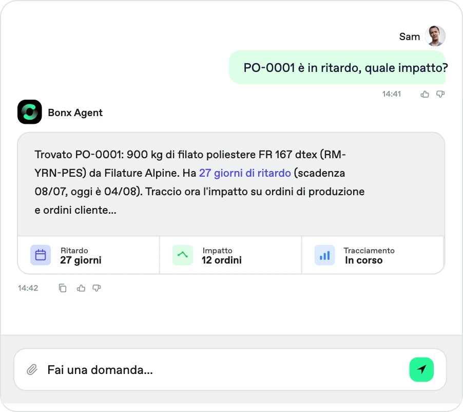 Screenshot Bonx: l'agente spiega il ritardo dell'ordine PO-0001 e traccia l'impatto su ordini di produzione e ordini cliente.