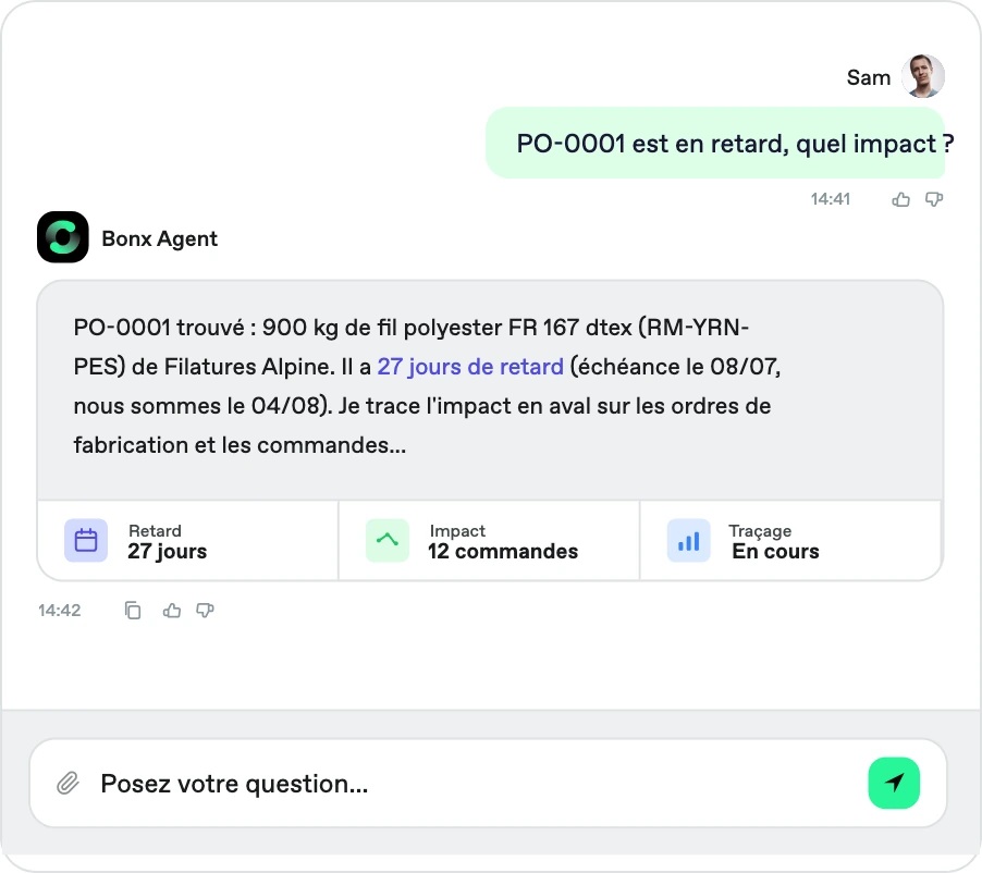 Capture d'écran Bonx : l'agent explique le retard de la commande PO-0001 et trace son impact sur les ordres de fabrication et les commandes clients.