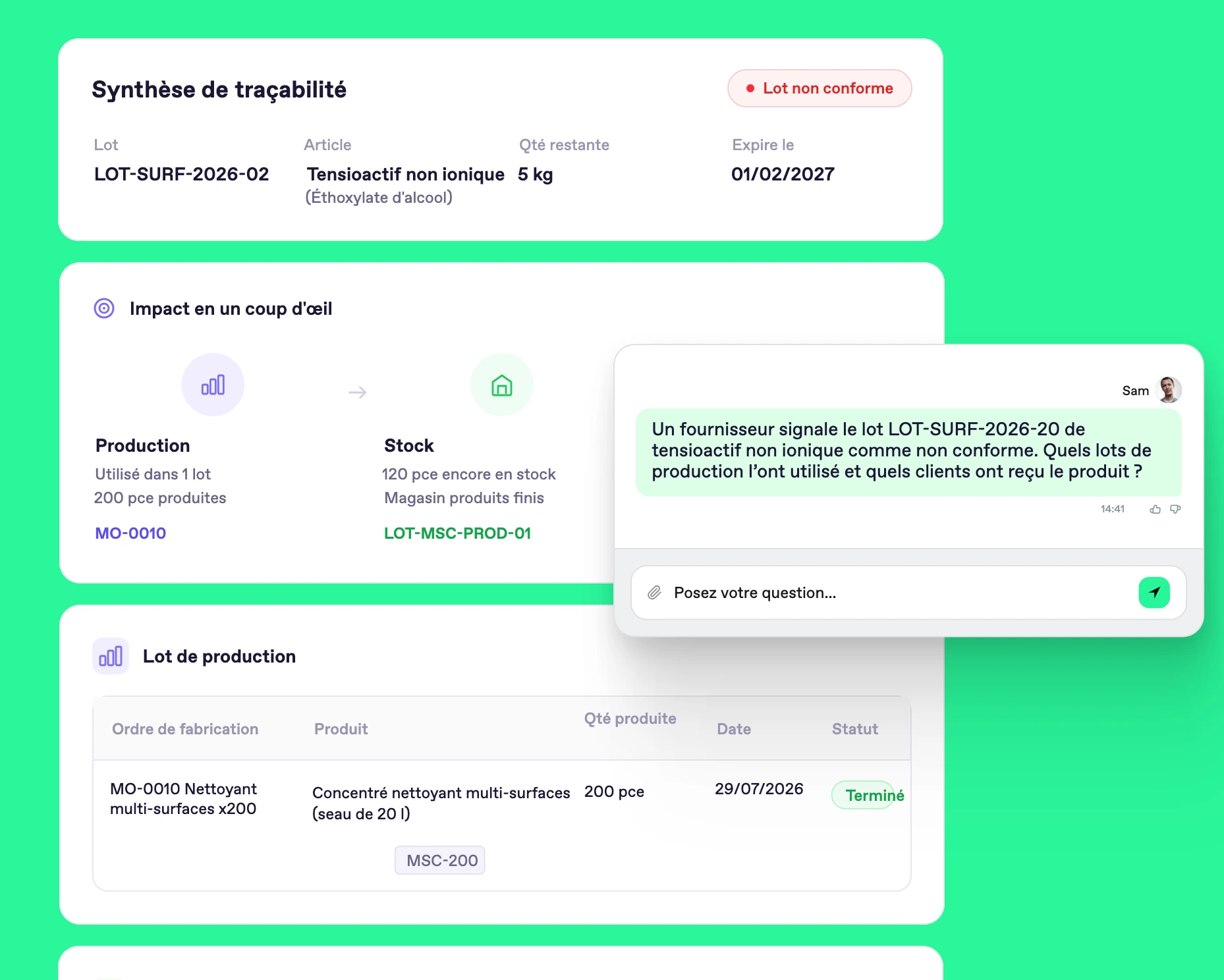 Capture d'écran Bonx : traçabilité d'un lot non conforme de tensioactif non ionique, avec l'impact sur la production et le stock et le lot de production concerné.