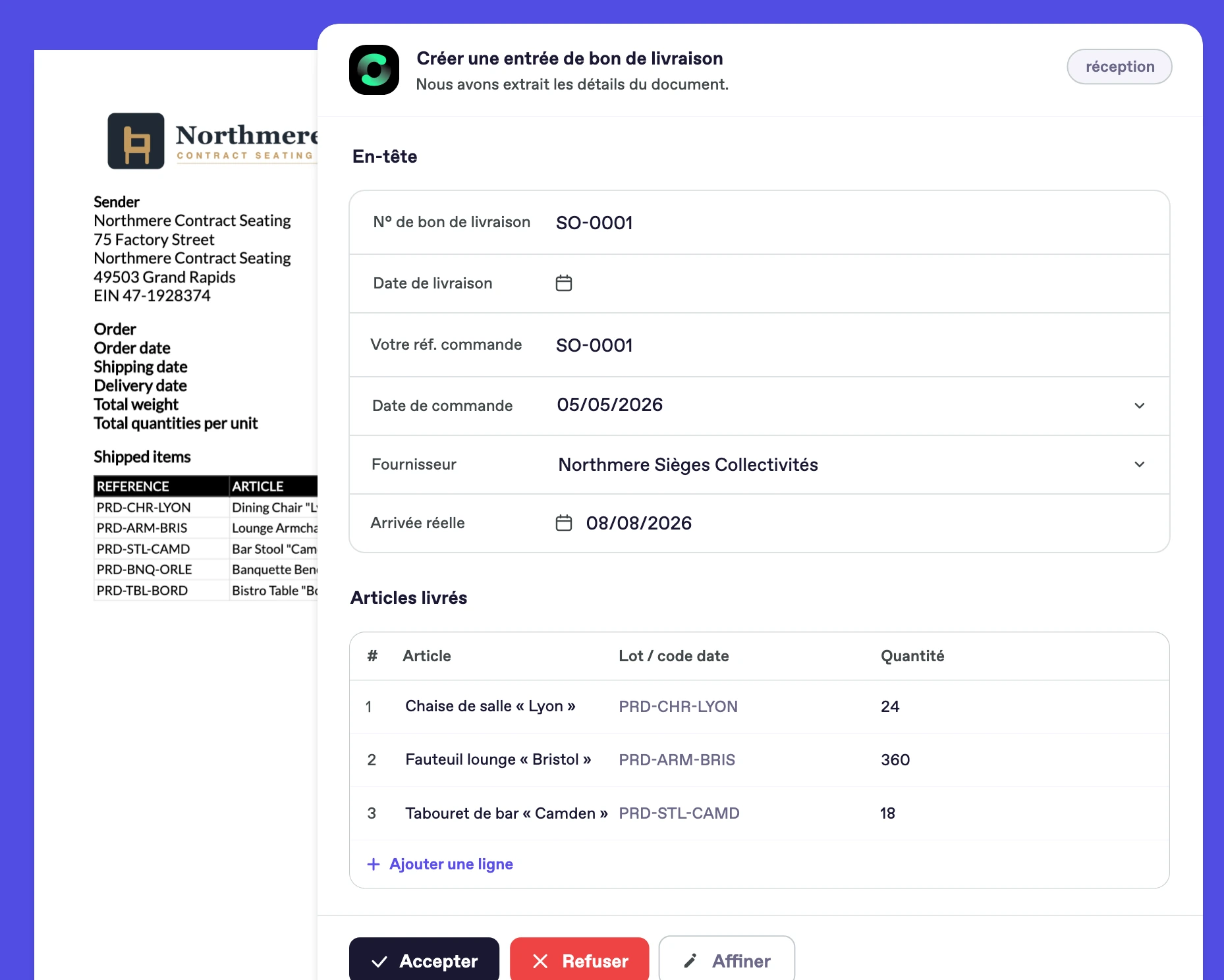 Capture d'écran Bonx : extraction du bon de livraison d'un fabricant de mobilier, avec en-tête et articles livrés pré-remplis pour validation.