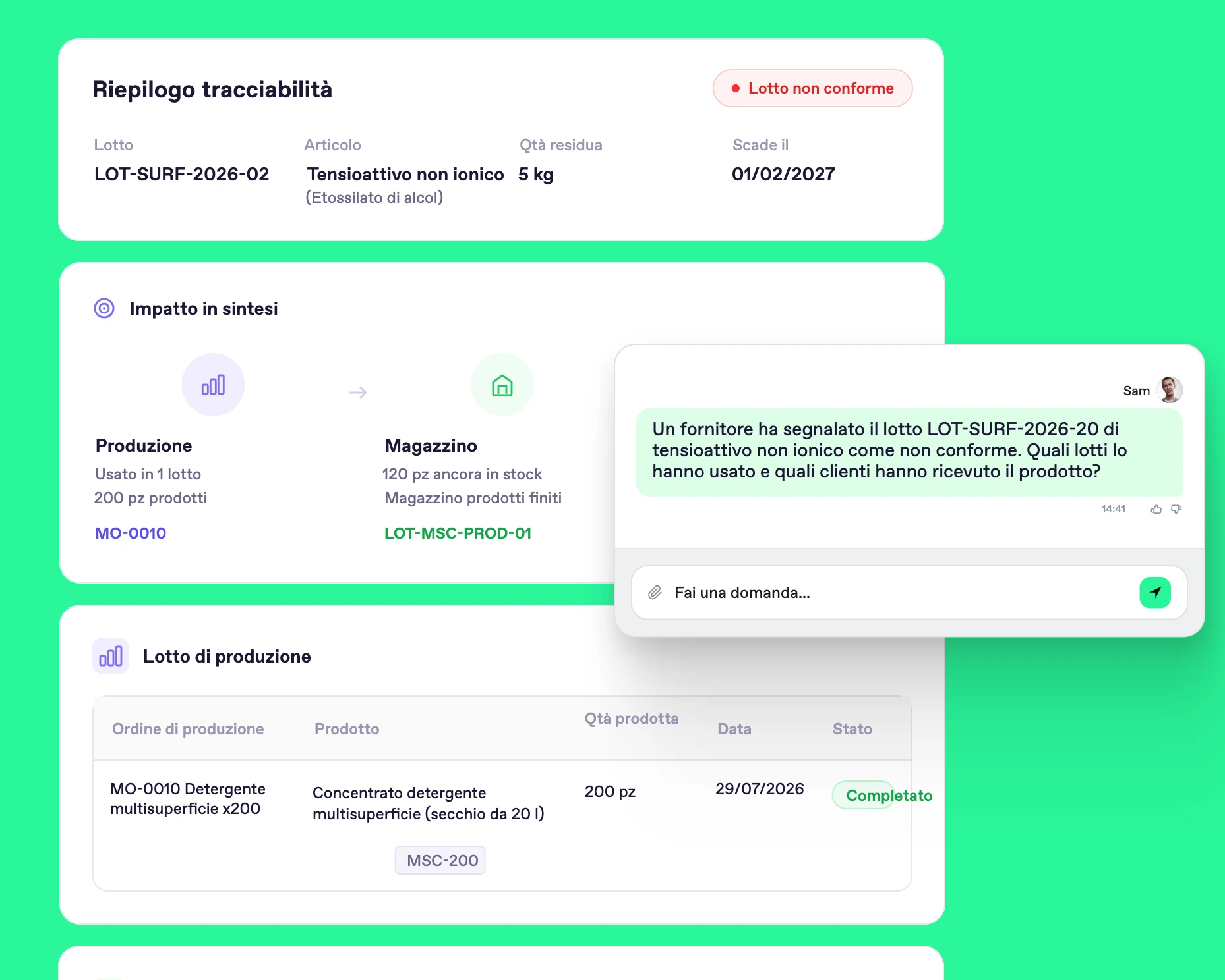 Screenshot Bonx: tracciabilità di un lotto non conforme di tensioattivo non ionico, con l'impatto su produzione e scorte e il lotto di produzione interessato.