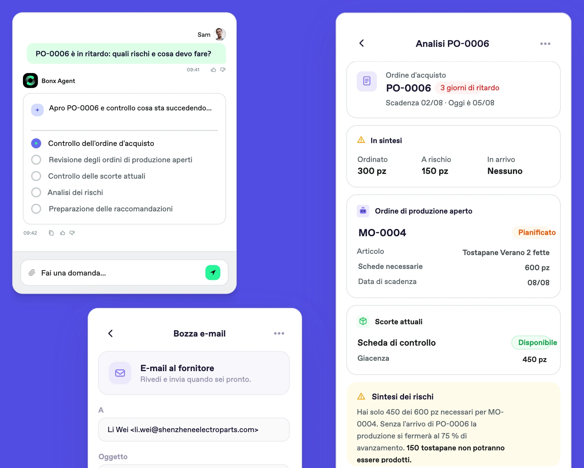 Screenshot Bonx: l'agente analizza l'ordine PO-0006 in ritardo, con quantità a rischio, ordine di produzione aperto, scorte e bozza di e-mail al fornitore.