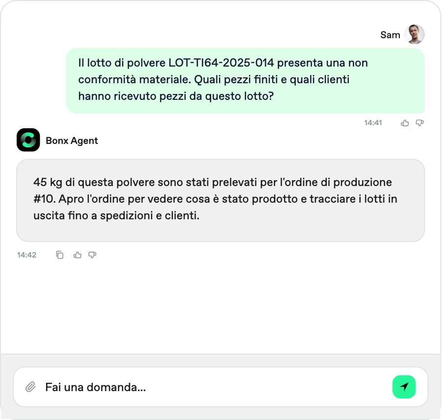 Screenshot Bonx: l'agente traccia il lotto di polvere LOT-TI64-2025-014 con non conformità materiale e individua i pezzi prodotti e i clienti riforniti.