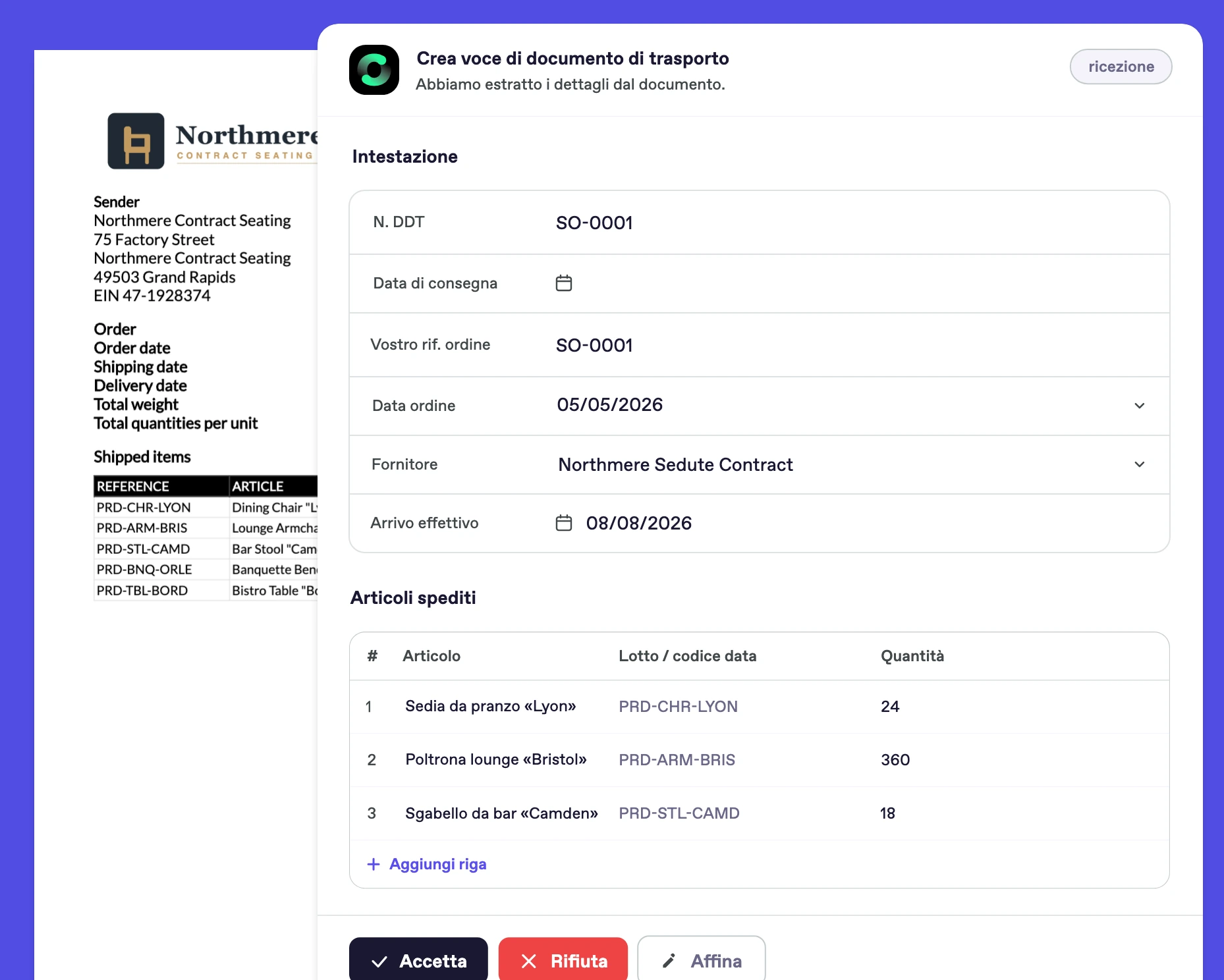 Screenshot Bonx: estrazione del documento di trasporto di un produttore di arredamento, con intestazione e articoli spediti precompilati per la convalida.