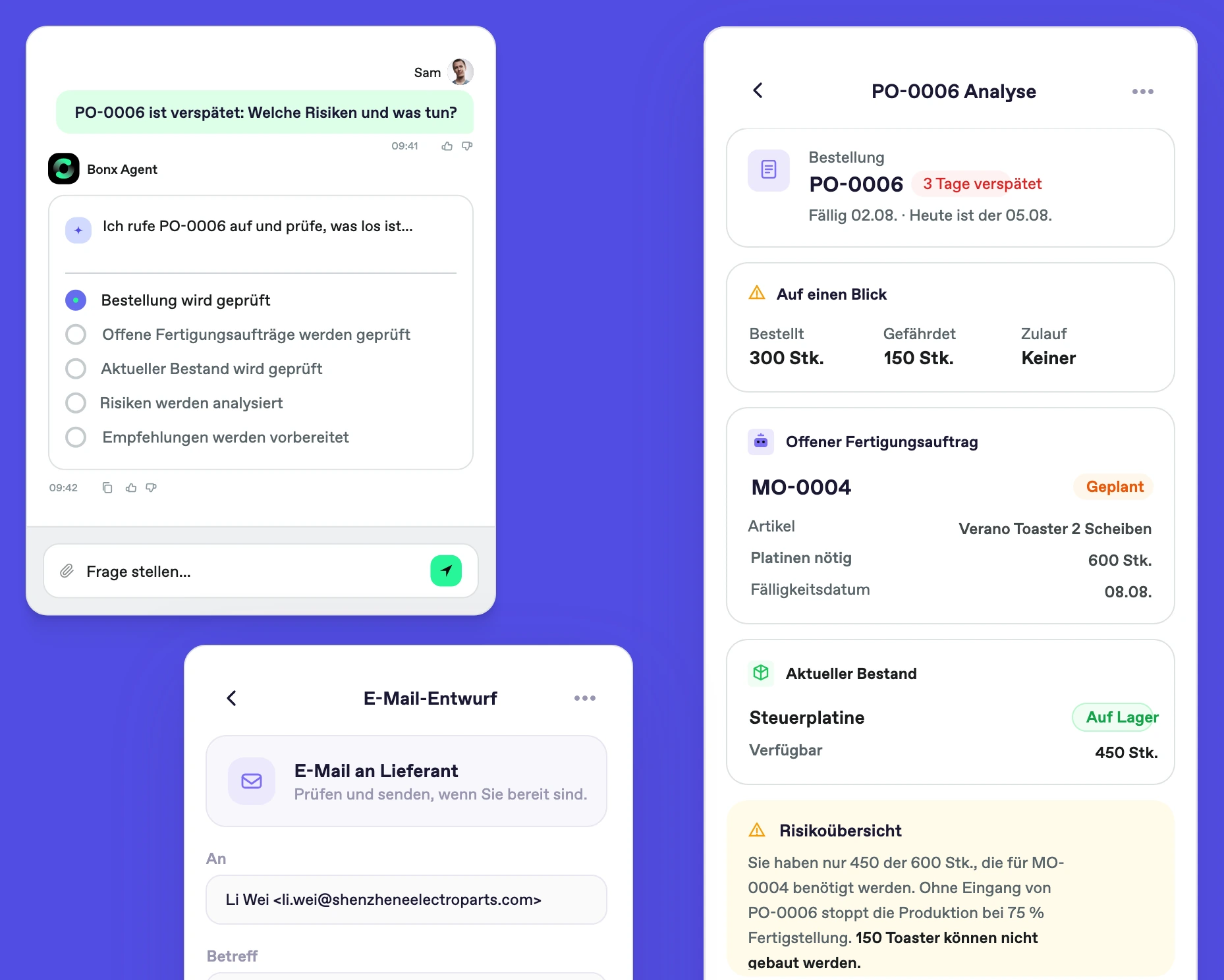 Bonx Screenshot: Der Agent analysiert die verspätete Bestellung PO-0006 mit gefährdeten Mengen, offenem Fertigungsauftrag, Bestand und vorbereitetem E-Mail-Entwurf.