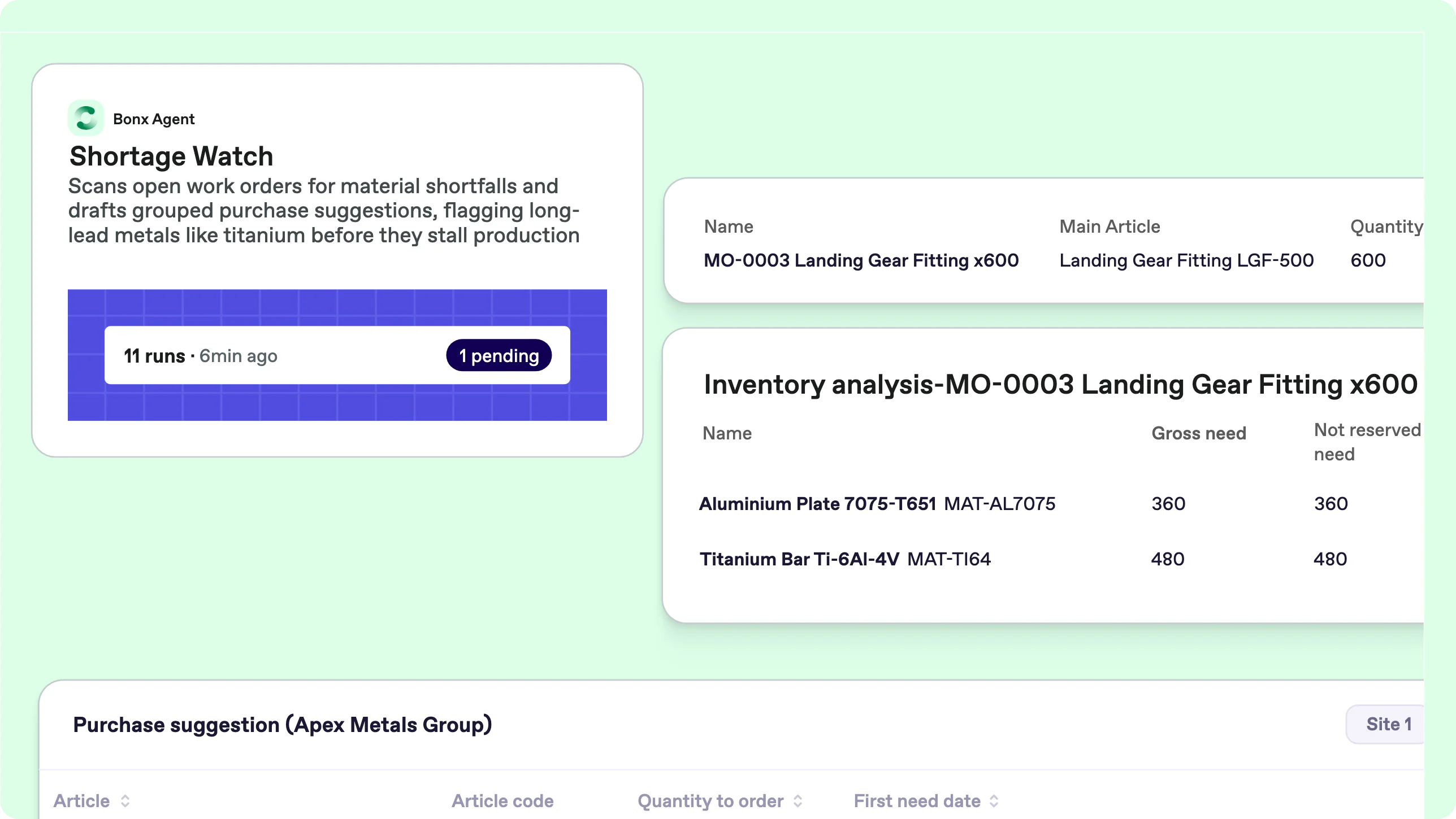 Bonx aerospace ERP screenshot: the Shortage Watch agent flags missing titanium, with the stock analysis for a landing gear fitting and a grouped purchase suggestion.