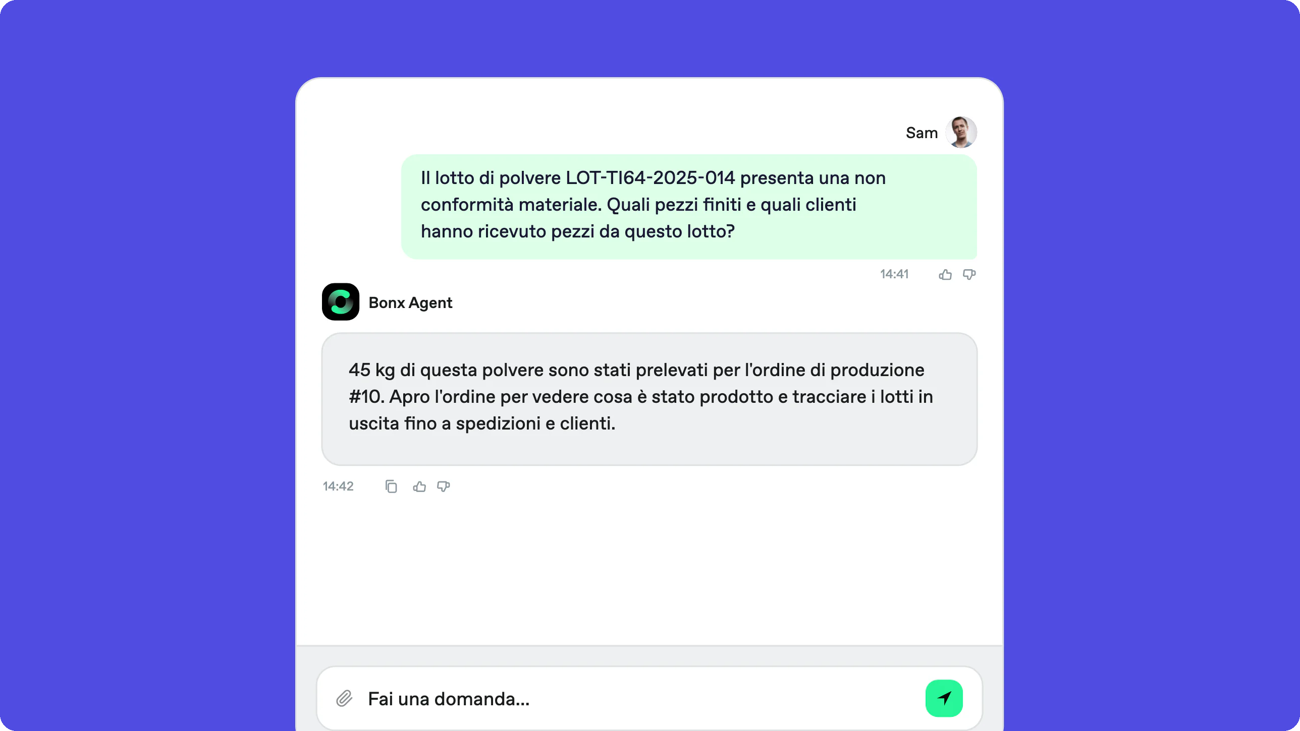 Screenshot Bonx, ERP produzione additiva: l'agente traccia il lotto di polvere LOT-TI64-2025-014 con non conformità materiale e individua i pezzi prodotti e i clienti riforniti.