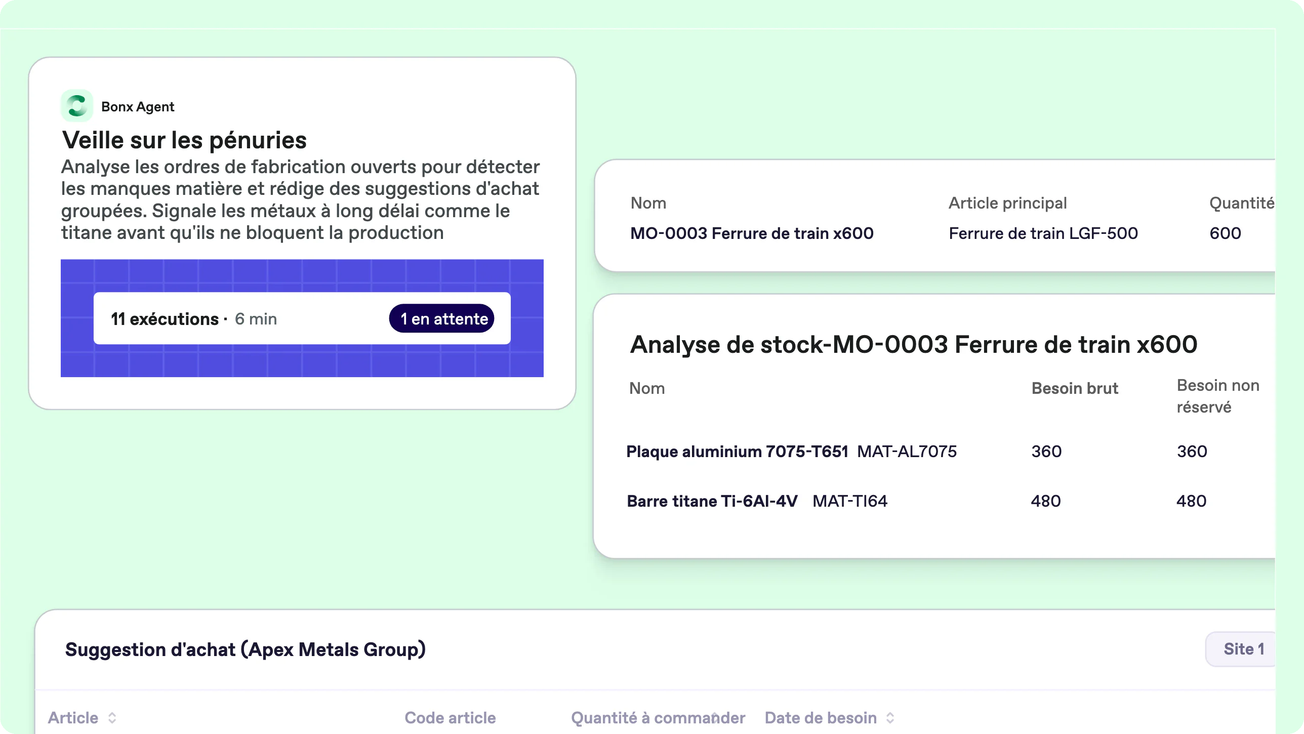 Capture d'écran Bonx, ERP aéronautique : l'agent « Veille sur les pénuries » signale un manque de titane, avec l'analyse de stock d'une ferrure de train et une suggestion d'achat groupée.