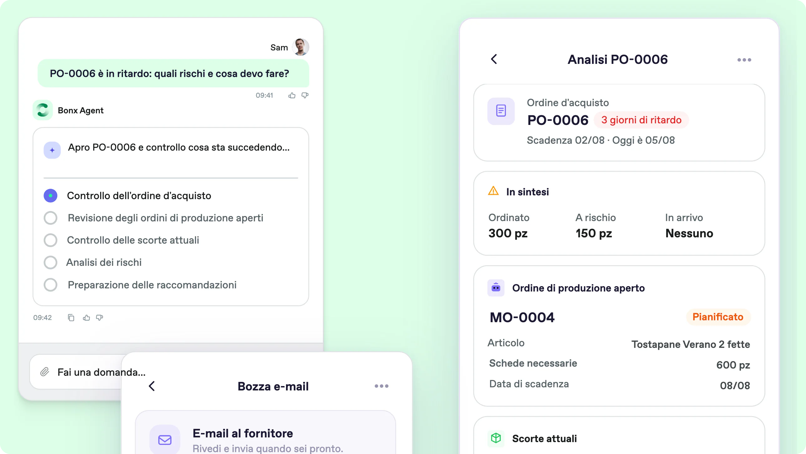Screenshot Bonx, ERP elettrodomestici: l'agente analizza l'ordine PO-0006 in ritardo, con quantità a rischio, ordine di produzione aperto, scorte e bozza di e-mail al fornitore.