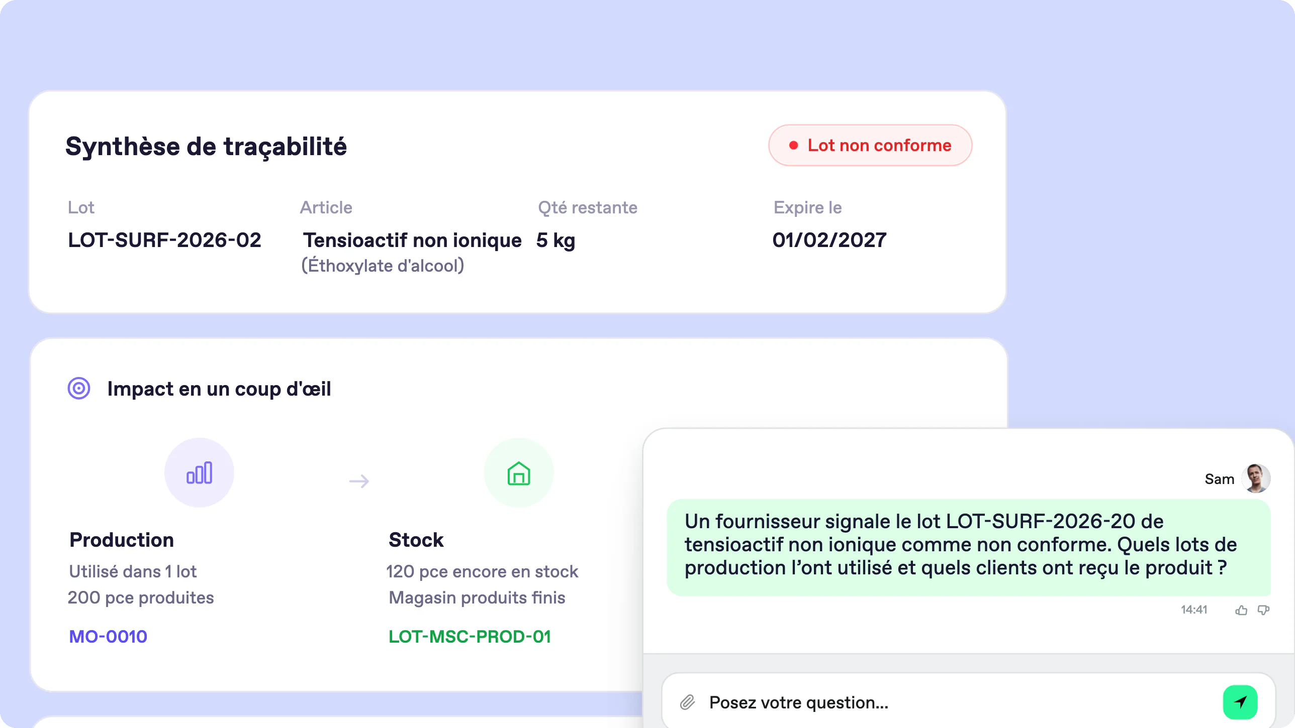 Capture d'écran Bonx, ERP chimie : traçabilité du lot non conforme LOT-SURF-2026-02 de tensioactif, avec la production et le stock concernés et la question à l'origine de la recherche.
