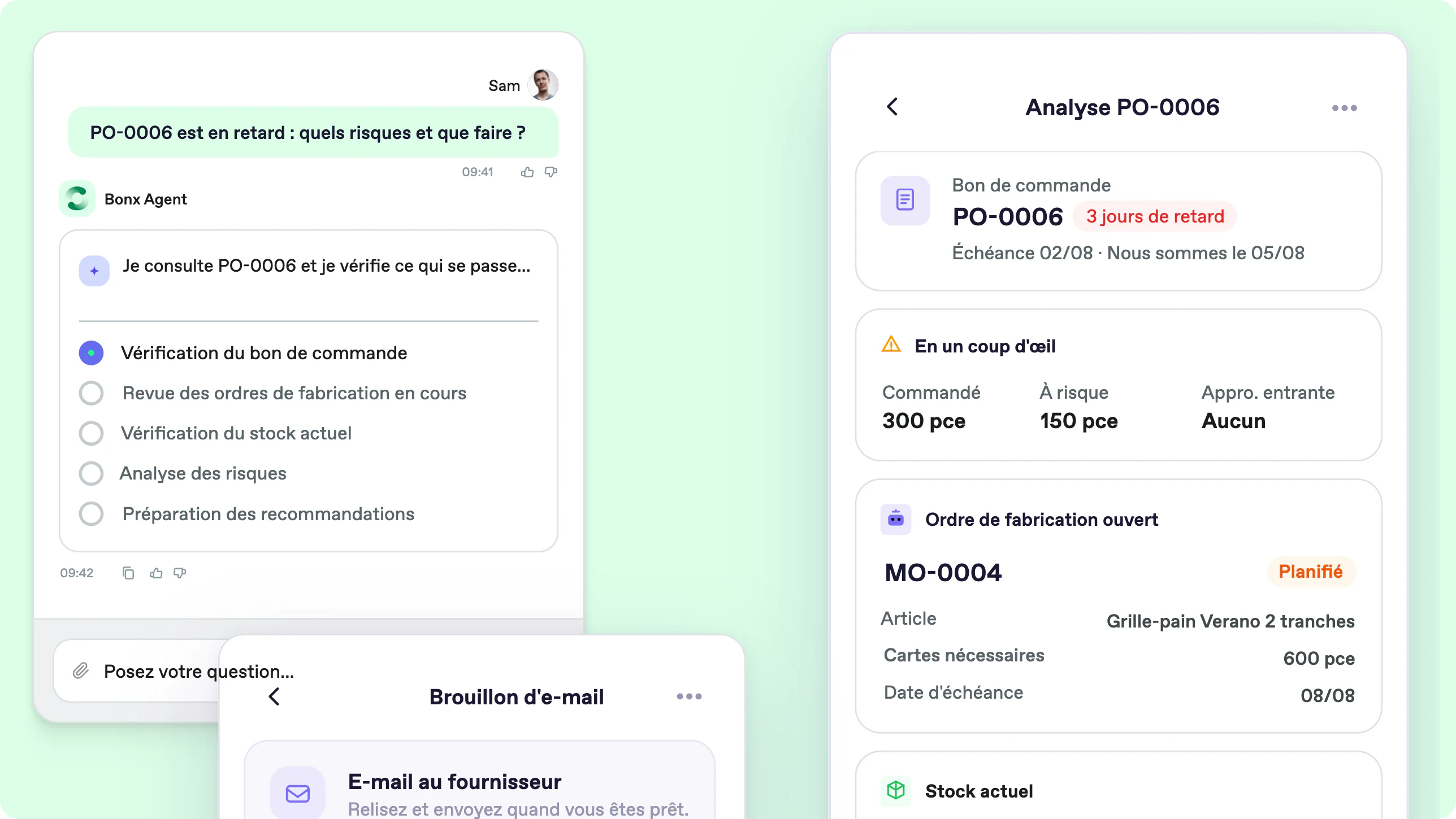 Capture d'écran Bonx, ERP électroménager : l'agent analyse la commande PO-0006 en retard, avec quantités à risque, ordre de fabrication ouvert, stock et brouillon d'e-mail fournisseur.