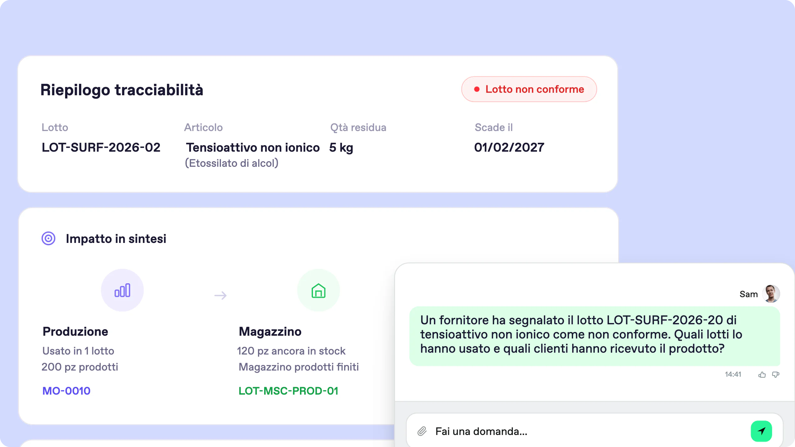 Screenshot Bonx, ERP chimico: tracciabilità del lotto non conforme LOT-SURF-2026-02 di tensioattivo, con produzione e scorte interessate e la domanda che ha avviato la ricerca.
