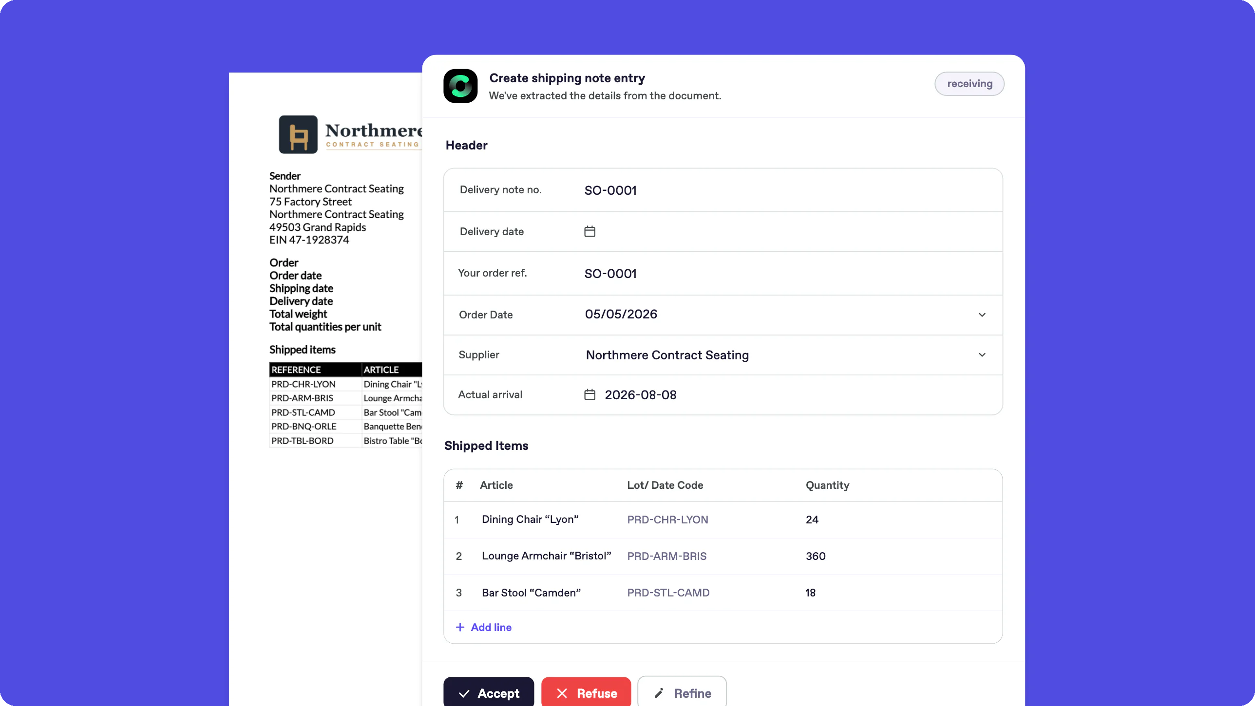 Bonx furniture manufacturing software screenshot: a shipping note extracted into an entry form, with header and shipped items pre-filled for approval.