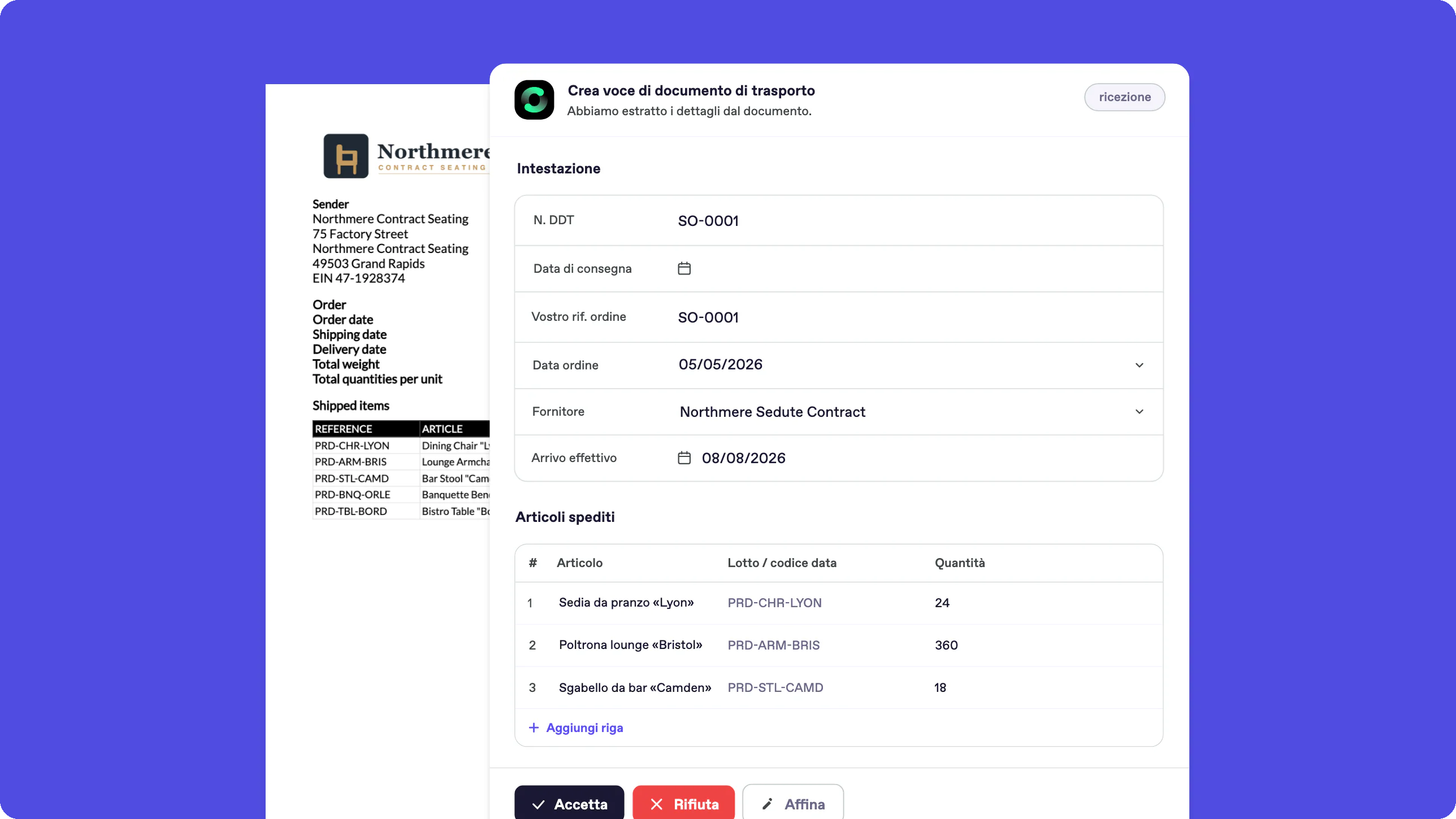 Screenshot Bonx, ERP arredamento: estrazione di un documento di trasporto, con intestazione e articoli spediti precompilati per la convalida.