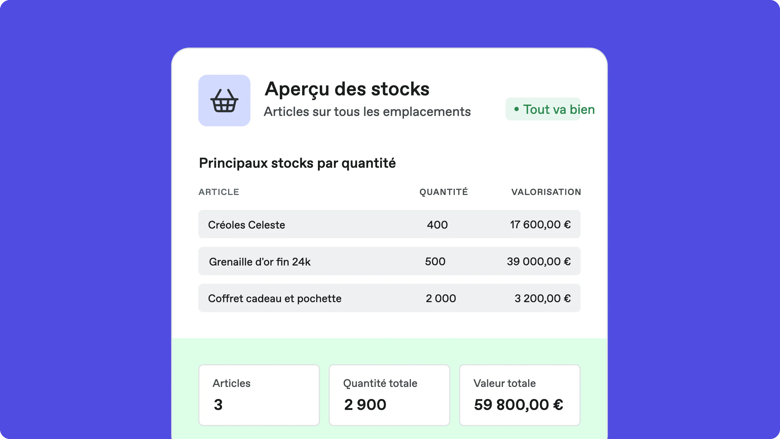 Capture d'écran Bonx, ERP joaillerie : aperçu des stocks avec les articles aux plus fortes quantités, leur valorisation et les totaux.