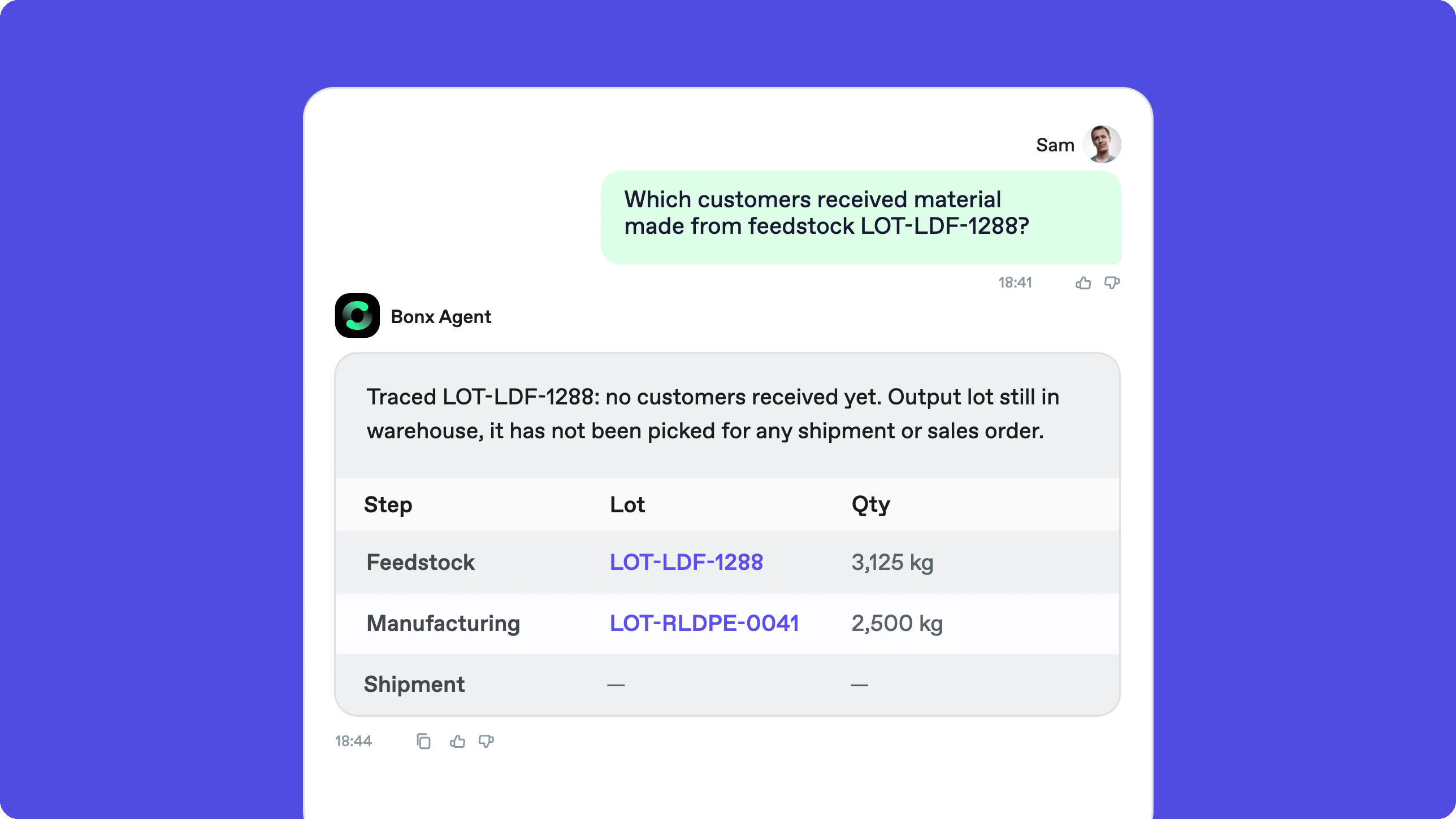 Bonx recycling ERP screenshot: the agent traces feedstock lot LOT-LDF-1288 downstream and shows the output lot is still in stock with no customer shipped.